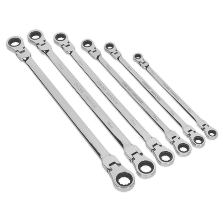 Sealey Flexi-Head Double End Ratchet Ring Spanner Set 6pc Extra-Long Metric Model No-AK63832
