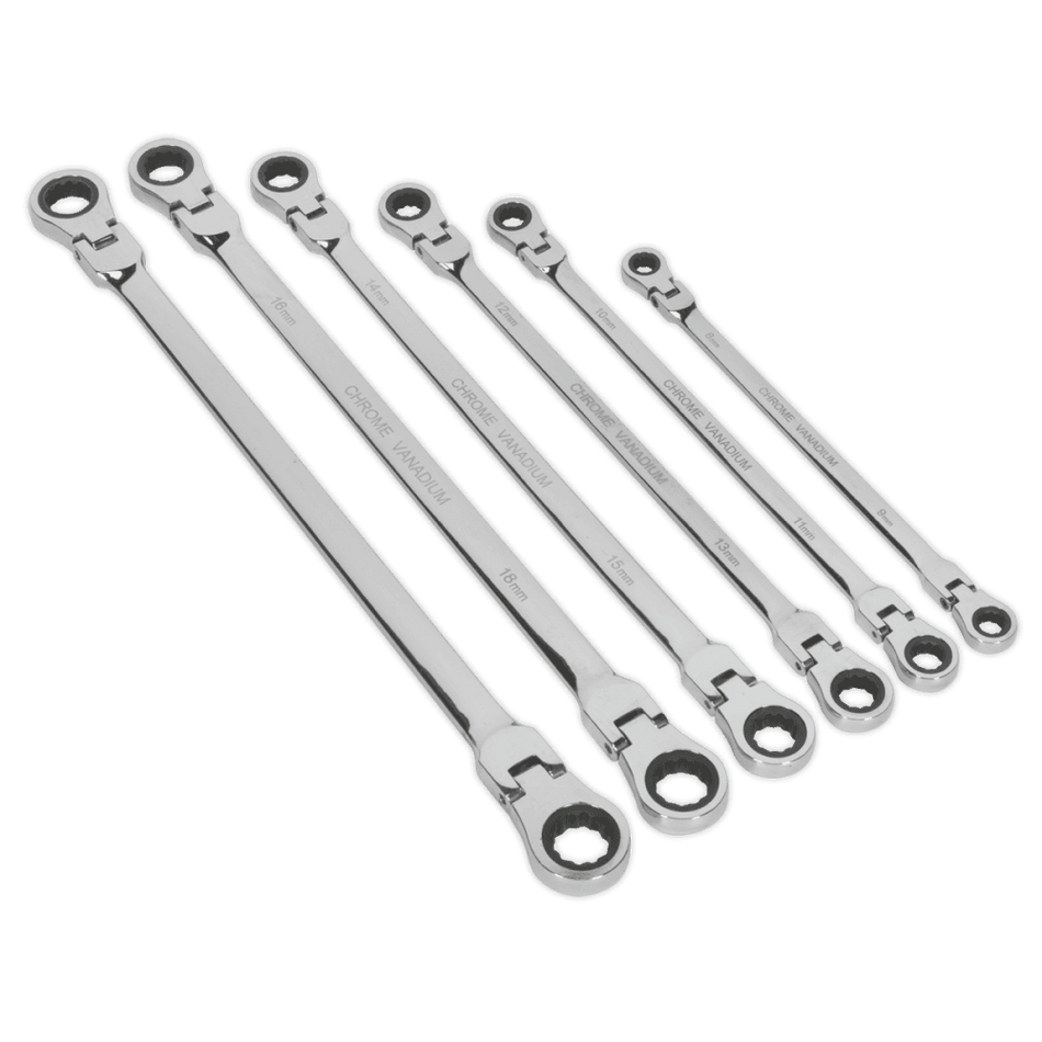 Sealey Flexi-Head Double End Ratchet Ring Spanner Set 6pc Extra-Long Metric Model No-AK63832