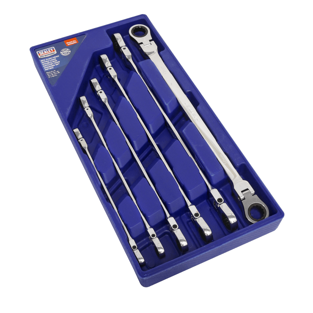 Sealey Flexi-Head Double End Ratchet Ring Spanner Set 6pc Extra-Long Metric Model No-AK63832