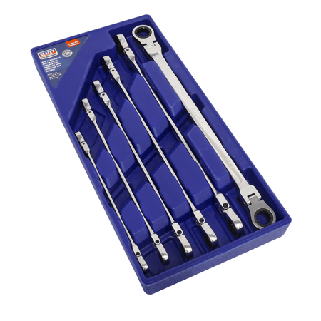 Sealey Flexi-Head Double End Ratchet Ring Spanner Set 6pc Extra-Long Metric Model No-AK63832