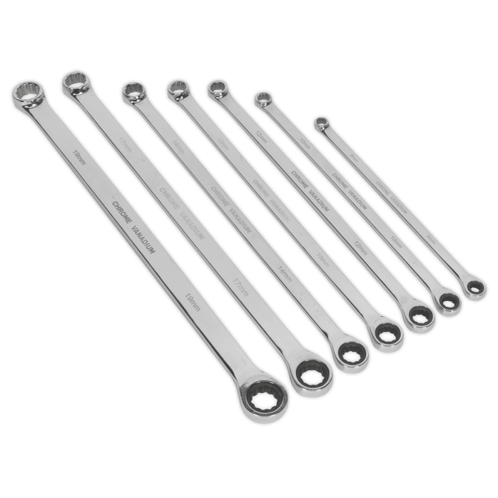 Sealey Double Ring Ratchet/Fixed Spanner Set 7pc Extra-Long Metric Model No-AK6319