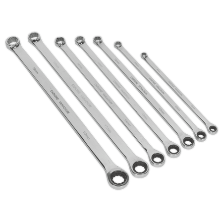 Sealey Double Ring Ratchet/Fixed Spanner Set 7pc Extra-Long Metric Model No-AK6319