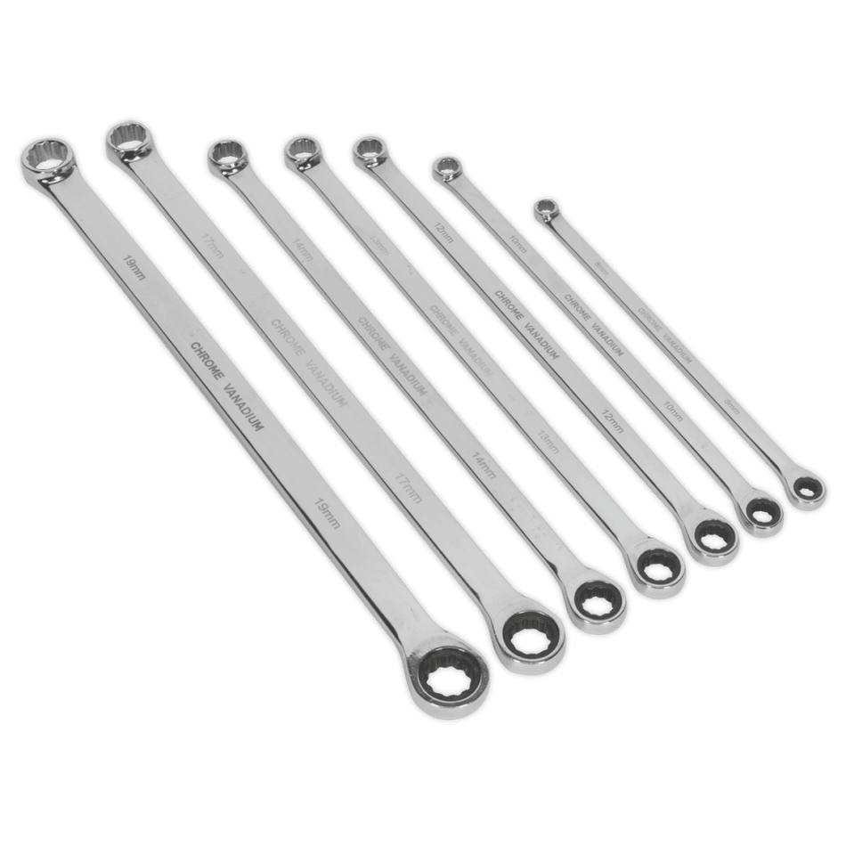 Sealey Double Ring Ratchet/Fixed Spanner Set 7pc Extra-Long Metric Model No-AK6319
