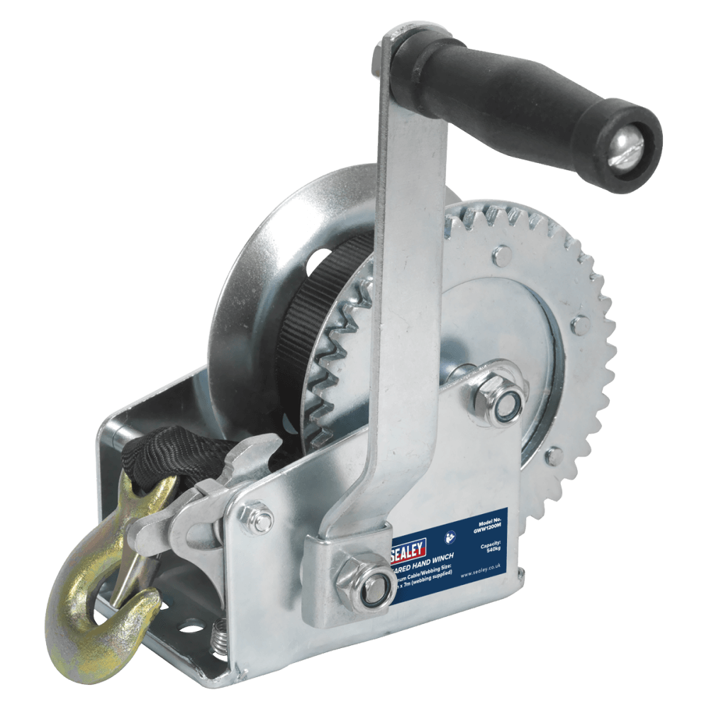 Sealey Geared Hand Winch 540kg Capacity with Webbing Strap Model No-GWW1200M