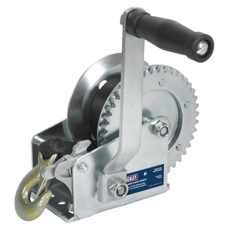 Sealey Geared Hand Winch 540kg Capacity with Webbing Strap Model No-GWW1200M