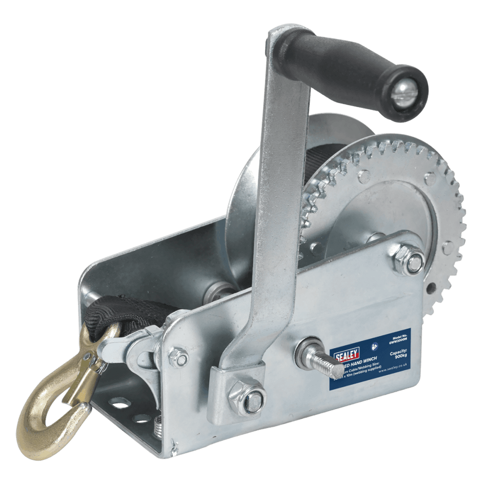 Sealey Geared Hand Winch 900kg Capacity with Webbing Strap Model No-GWW2000M