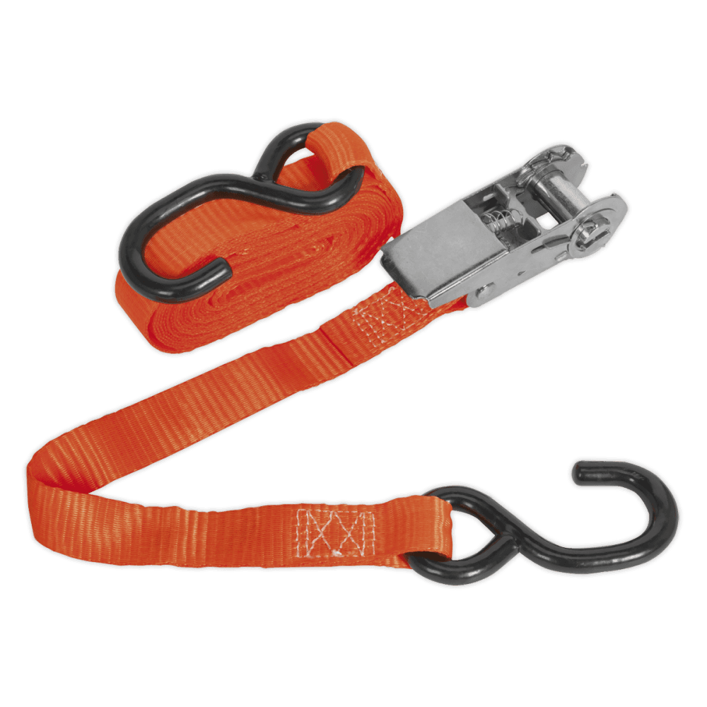 Sealey Ratchet Tie Down 25mm x 4.5mtr Polyester Webbing with S Hook 800kg Load Test Model No-TD0845S
