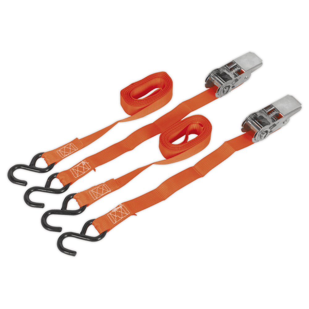 Sealey Ratchet Tie Down 25mm x 4mtr Polyester Webbing with S Hooks 500kg Load Test - Pair Model No-TD0540S2