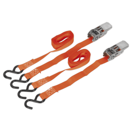 Sealey Ratchet Tie Down 25mm x 4mtr Polyester Webbing with S Hooks 500kg Load Test - Pair Model No-TD0540S2
