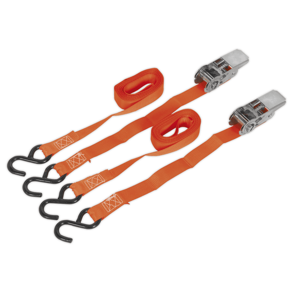 Sealey Ratchet Tie Down 25mm x 4mtr Polyester Webbing with S Hooks 500kg Load Test - Pair Model No-TD0540S2