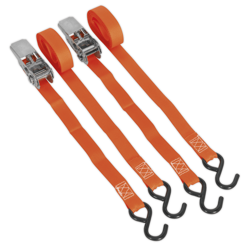 Sealey Ratchet Tie Down 25mm x 4mtr Polyester Webbing with S Hooks 500kg Load Test - Pair Model No-TD0540S2