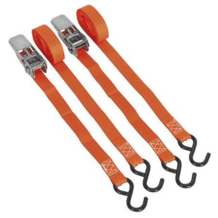 Sealey Ratchet Tie Down 25mm x 4mtr Polyester Webbing with S Hooks 500kg Load Test - Pair Model No-TD0540S2
