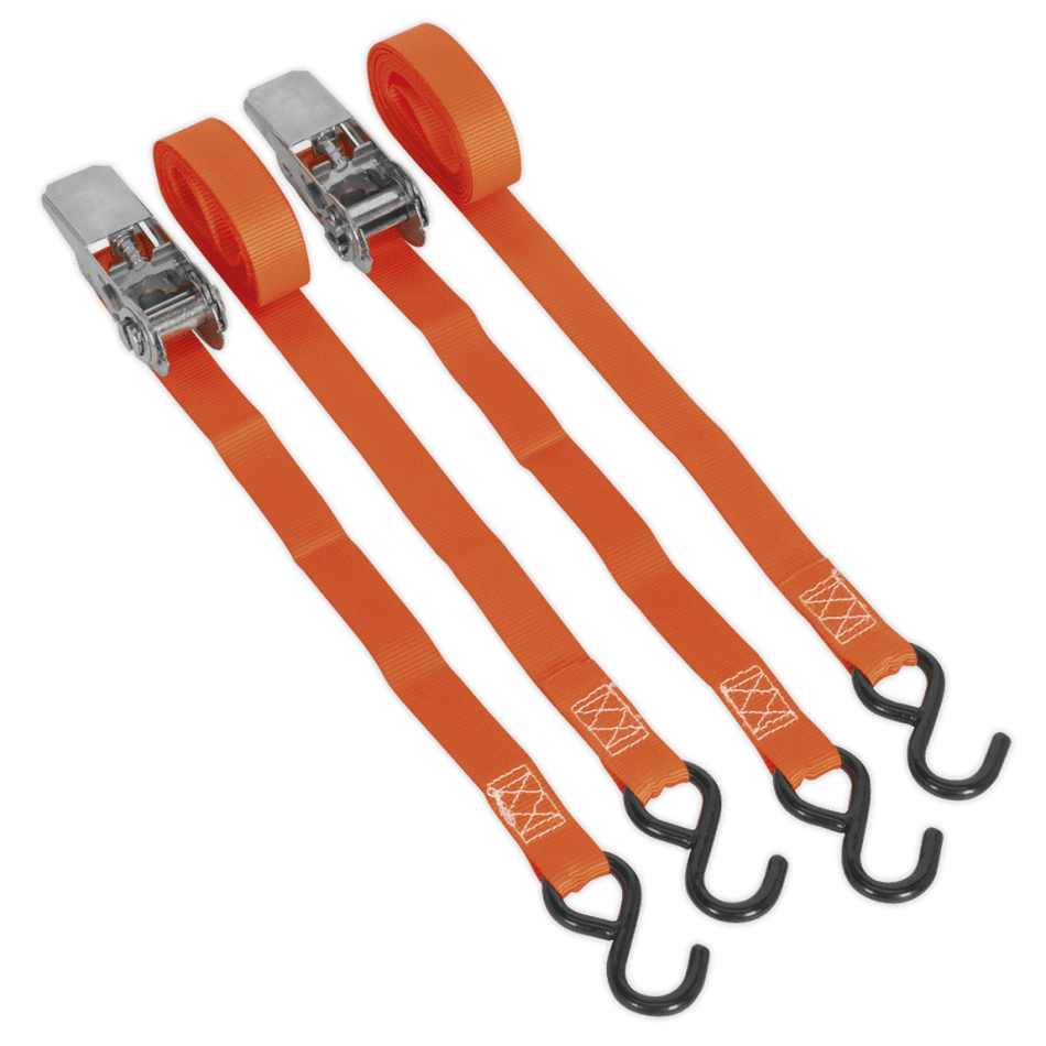 Sealey Ratchet Tie Down 25mm x 4mtr Polyester Webbing with S Hooks 500kg Load Test - Pair Model No-TD0540S2
