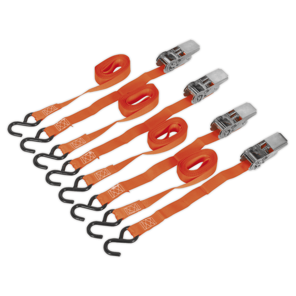 Sealey Ratchet Tie Down 25mm x 4mtr Polyester Webbing with S Hooks 500kg Load Test - 2 Pairs Model No-TD0540S4
