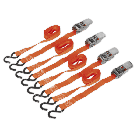 Sealey Ratchet Tie Down 25mm x 4mtr Polyester Webbing with S Hooks 500kg Load Test - 2 Pairs Model No-TD0540S4