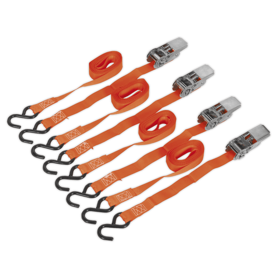 Sealey Ratchet Tie Down 25mm x 4mtr Polyester Webbing with S Hooks 500kg Load Test - 2 Pairs Model No-TD0540S4