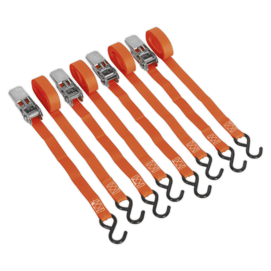 Sealey Ratchet Tie Down 25mm x 4mtr Polyester Webbing with S Hooks 500kg Load Test - 2 Pairs Model No-TD0540S4