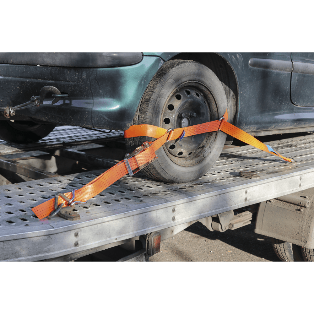 Sealey Car Transporter Ratchet Tie Down 50mm x 3mtr Steel Wheel - Single 4500kg Load Test Model No-TDRWS