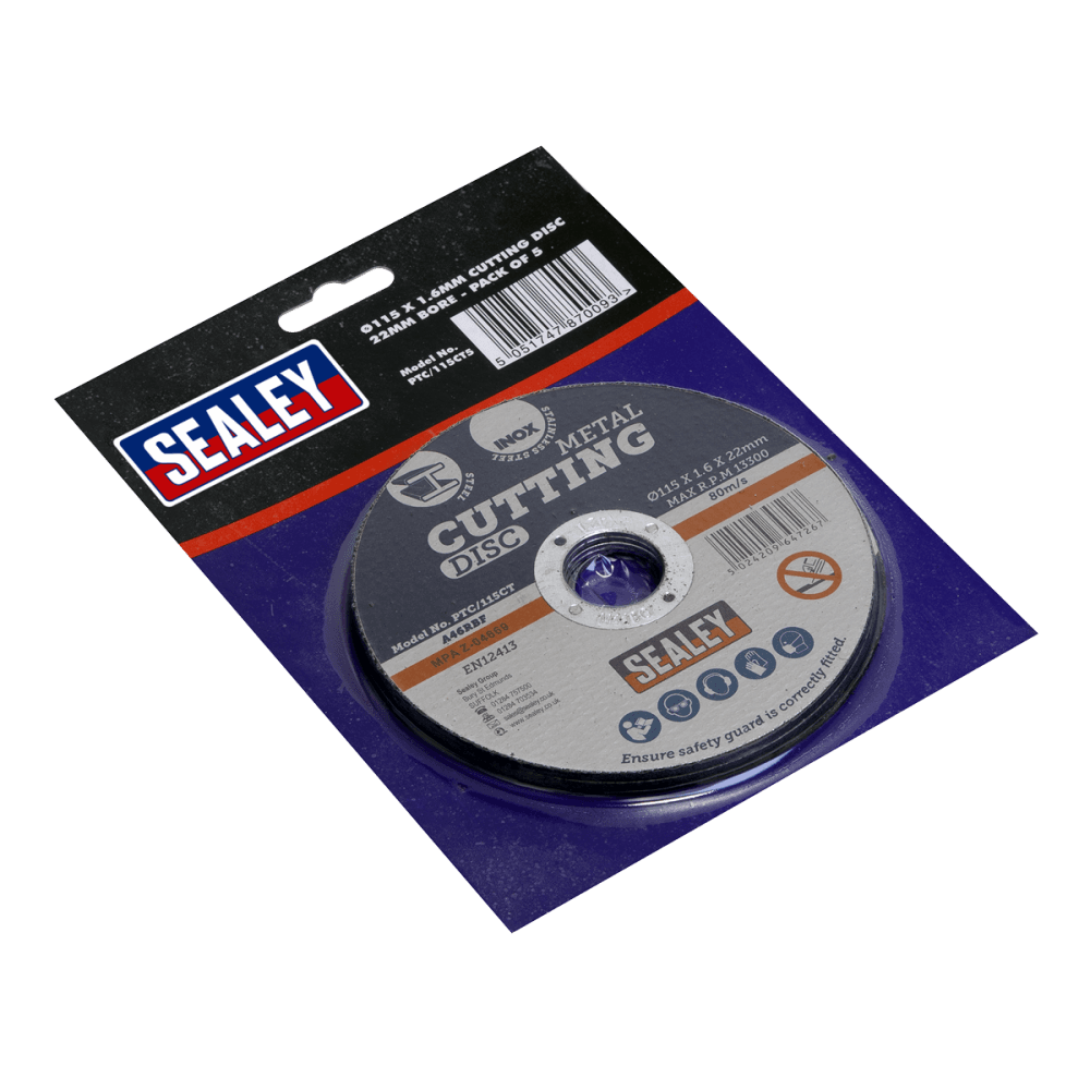 Sealey Cutting Disc 115 x 1.6mm 22mm Bore - Pack of 5 Model No-PTC/115CT5