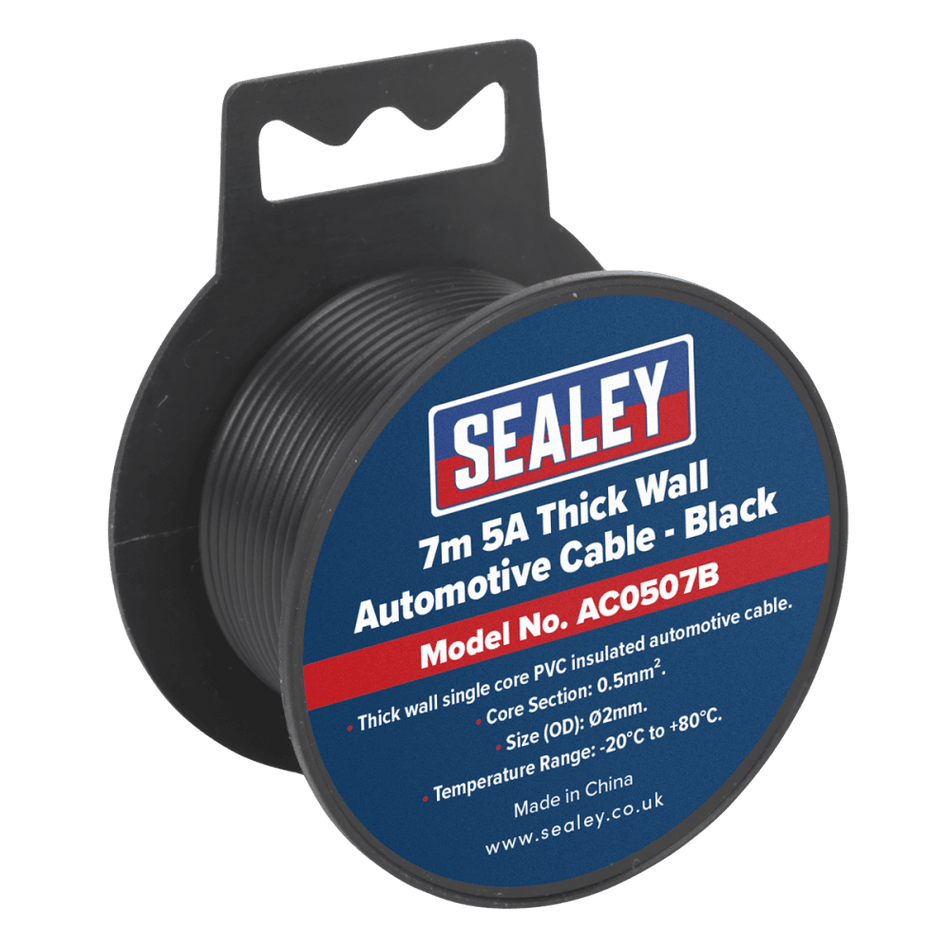 Sealey Automotive Cable 5A 7mtr Black Model No- AC0507B