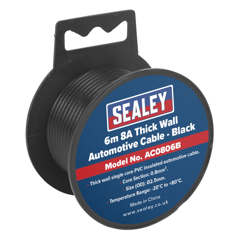 Sealey Automotive Cable 8A 6mtr Black Model No- AC0806B