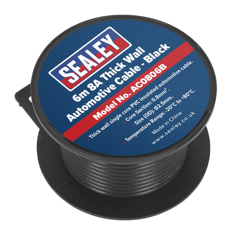 Sealey Automotive Cable 8A 6mtr Black Model No- AC0806B