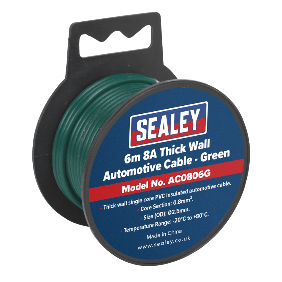 Sealey Automotive Cable 8A 6mtr Green Model No- AC0806G