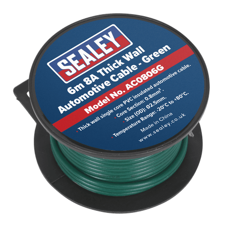 Sealey Automotive Cable 8A 6mtr Green Model No- AC0806G