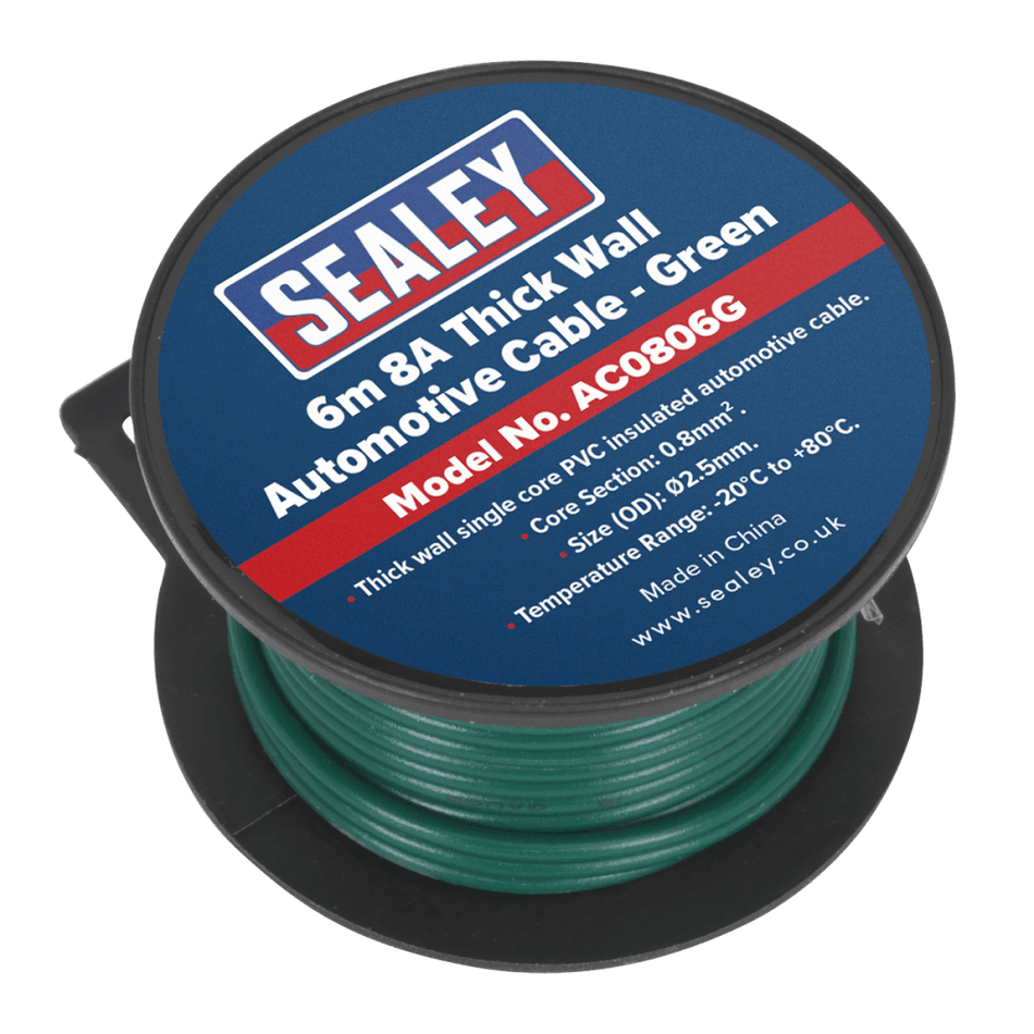Sealey Automotive Cable 8A 6mtr Green Model No- AC0806G