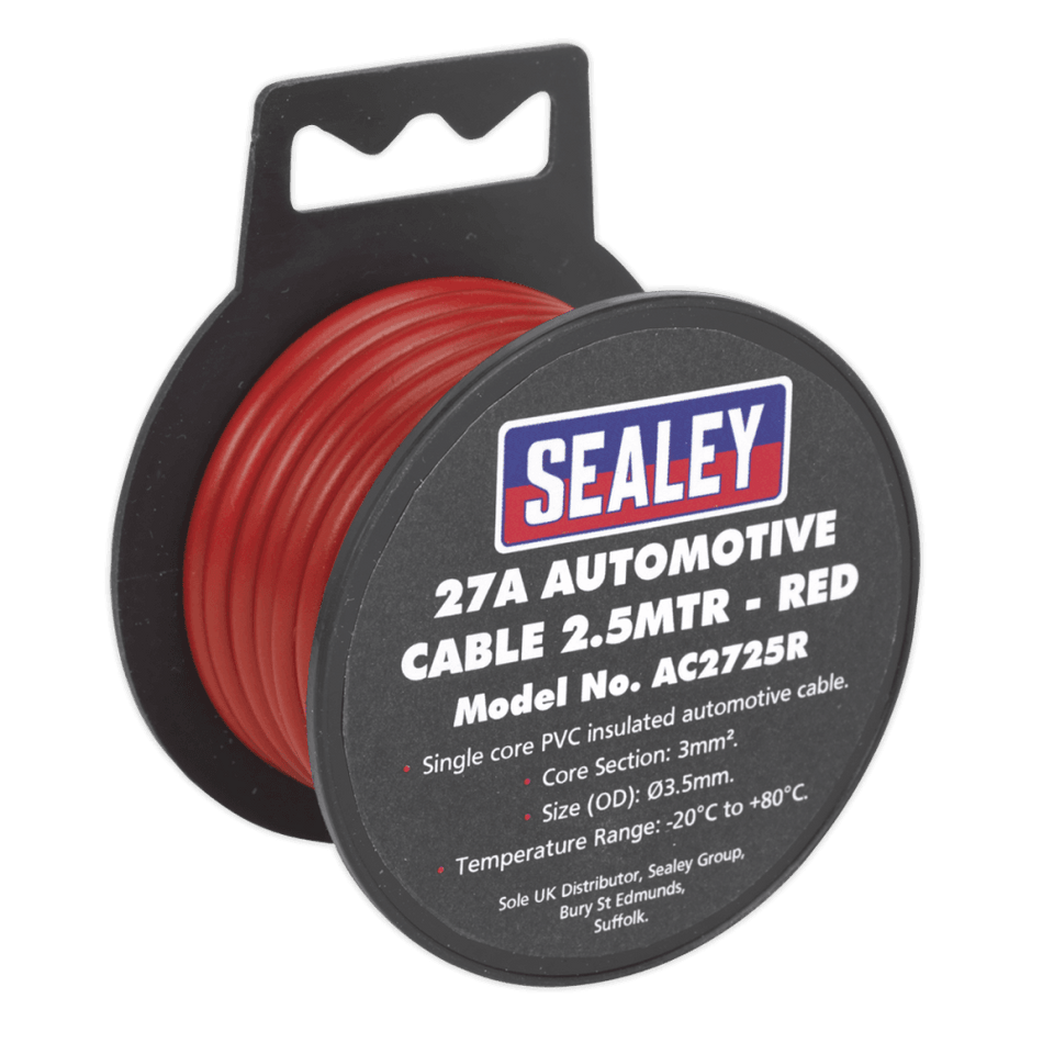 Sealey Automotive Cable 27A 2.5mtr Red Model No- AC2725R