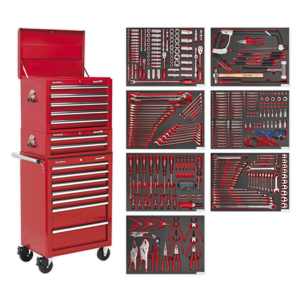 Sealey Tool Chest Combination 14 Drawer with Ball Bearing Runners - Red & 446pc Tool Kit Model No- TBTPCOMBO1
