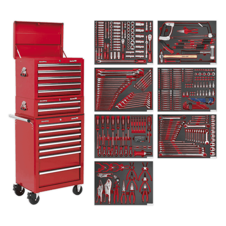 Sealey Tool Chest Combination 14 Drawer with Ball Bearing Runners - Red & 446pc Tool Kit Model No- TBTPCOMBO1