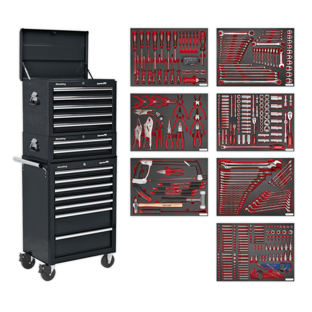 Sealey Tool Chest Combination 14 Drawer with Ball Bearing Runners - Black & 446pc Tool Kit Model No- TBTPCOMBO2
