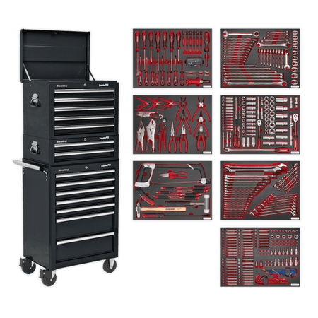 Sealey Tool Chest Combination 14 Drawer with Ball Bearing Runners - Black & 446pc Tool Kit Model No- TBTPCOMBO2