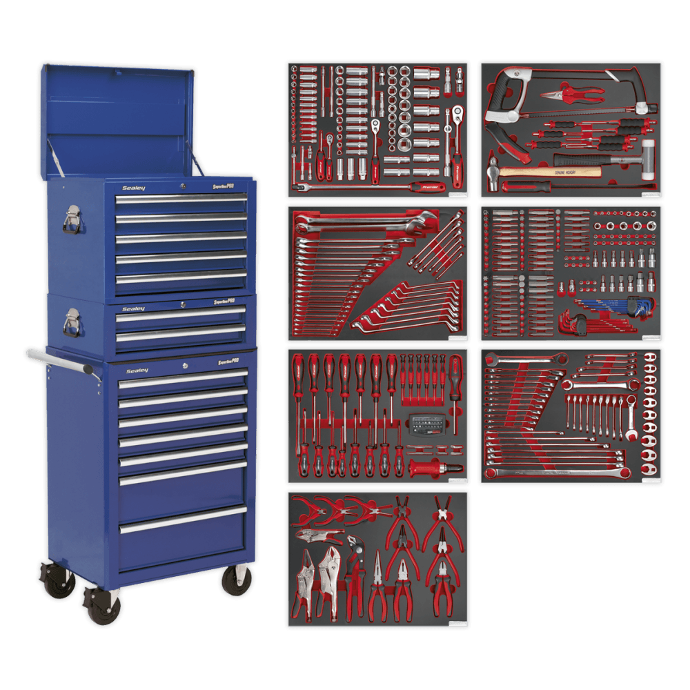 Sealey Tool Chest Combination 14 Drawer with Ball Bearing Runners - Blue & 446pc Tool Kit Model No- TBTPCOMBO5