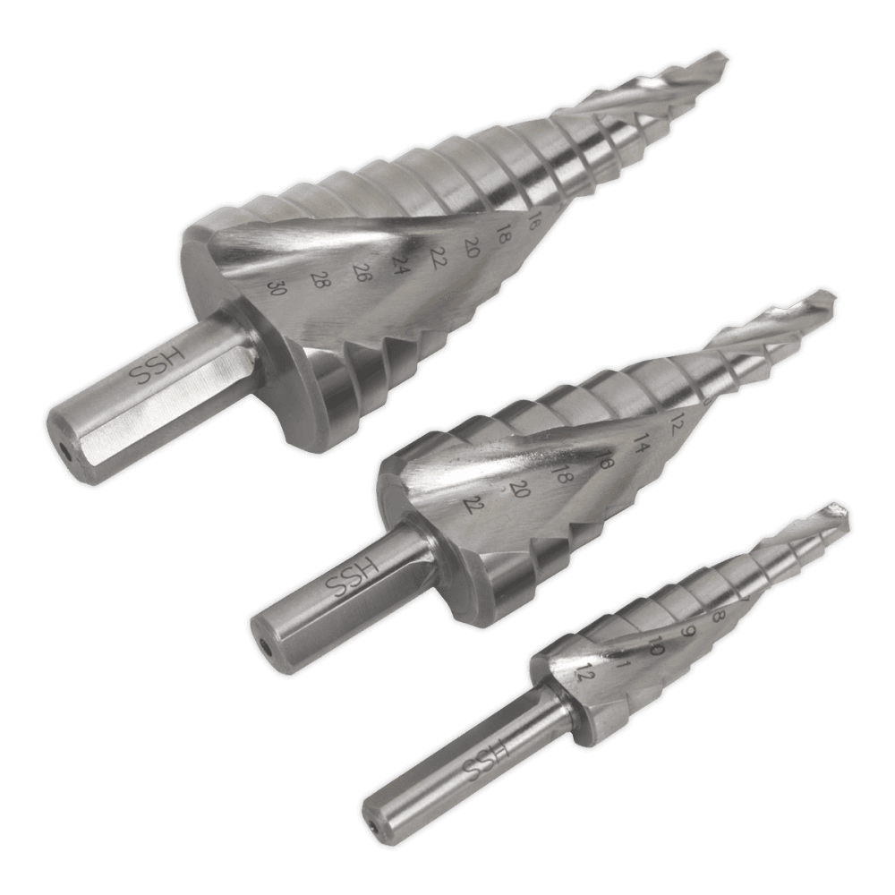 Sealey HSS M2 Step Drill Bit Set 3pc Spiral Flute Model No- AK4743