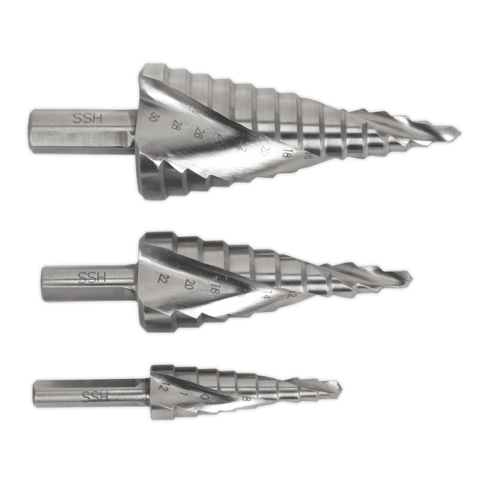 Sealey HSS M2 Step Drill Bit Set 3pc Spiral Flute Model No- AK4743