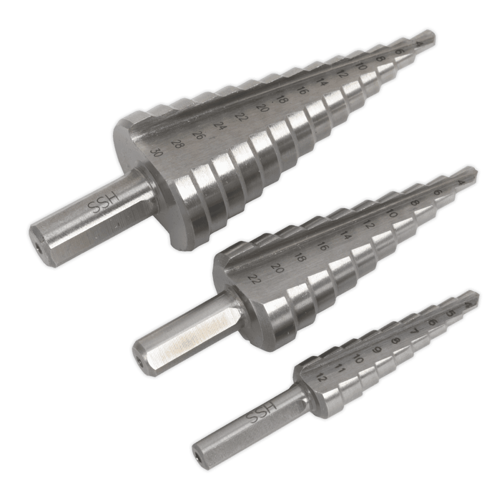 Sealey HSS 4341 Step Drill Bit Set 3pc Double Flute Model No- AK4746