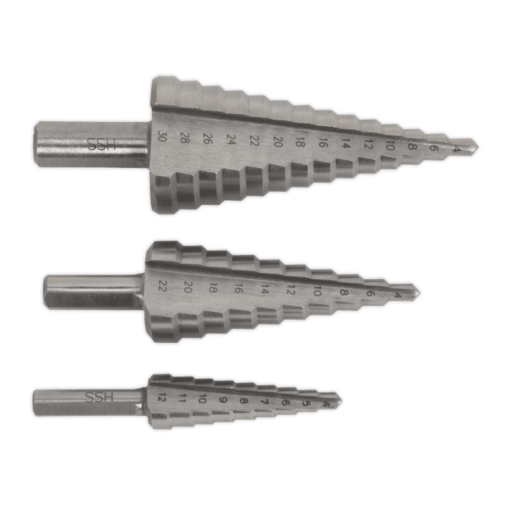 Sealey HSS 4341 Step Drill Bit Set 3pc Double Flute Model No- AK4746