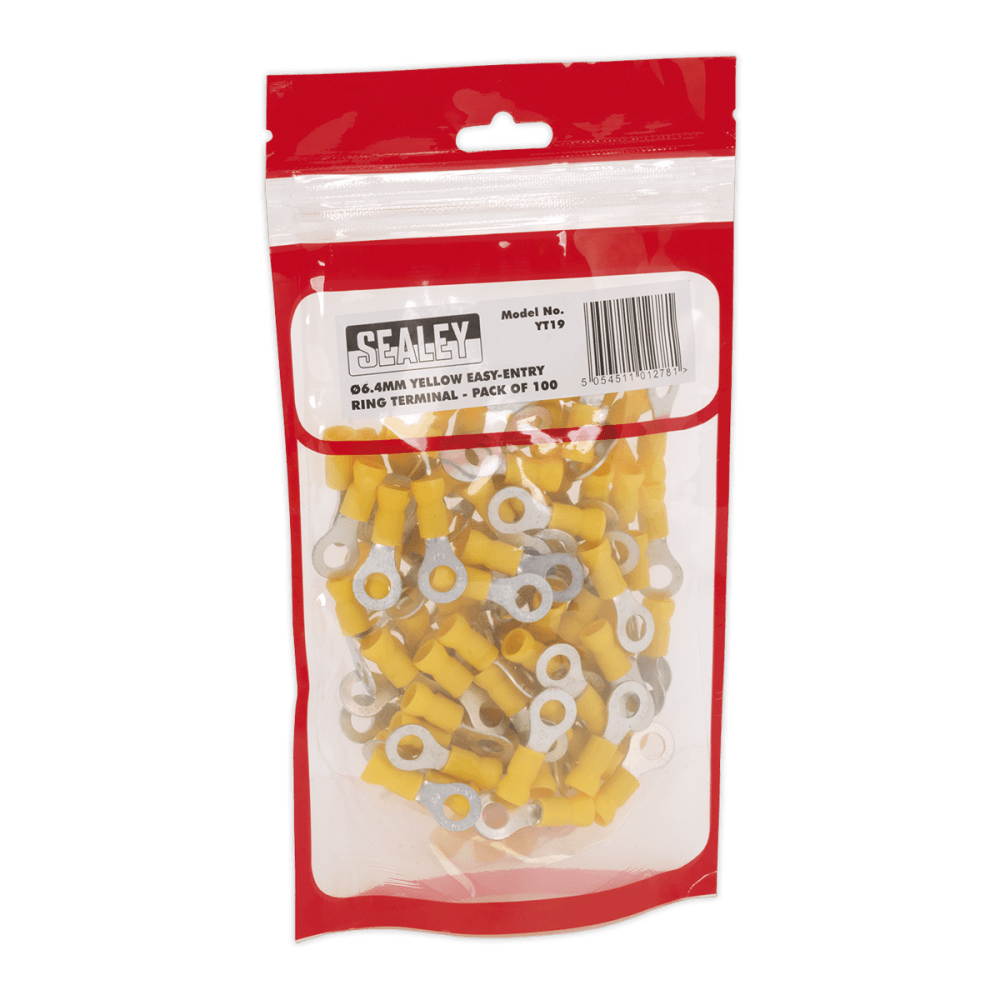 Sealey Easy-Entry Ring Terminal 6.4mm (1/4"), Yellow - Pack of 100 Model No-20189