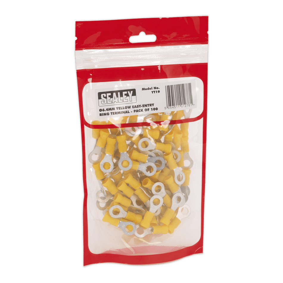 Sealey Easy-Entry Ring Terminal 6.4mm (1/4") Yellow Pack of 100 Model No-20189