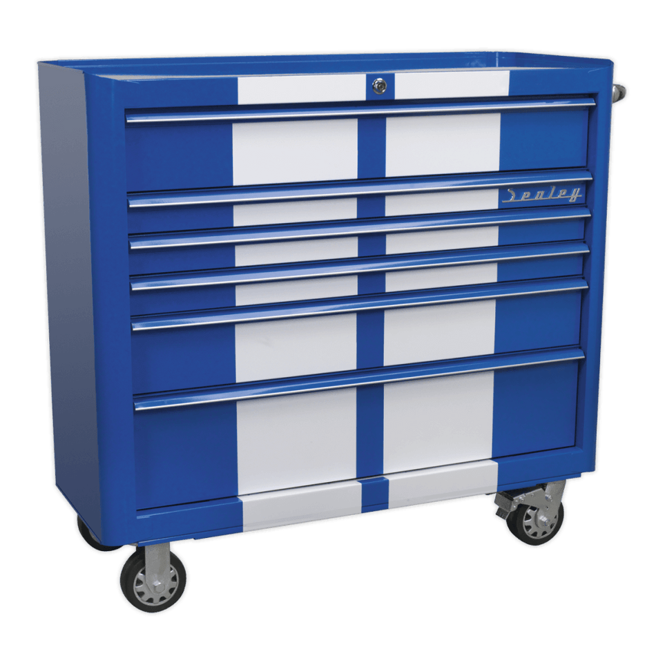 Sealey Rollcab 6 Drawer Wide Retro Style - Blue with White Stripe Model No-20328