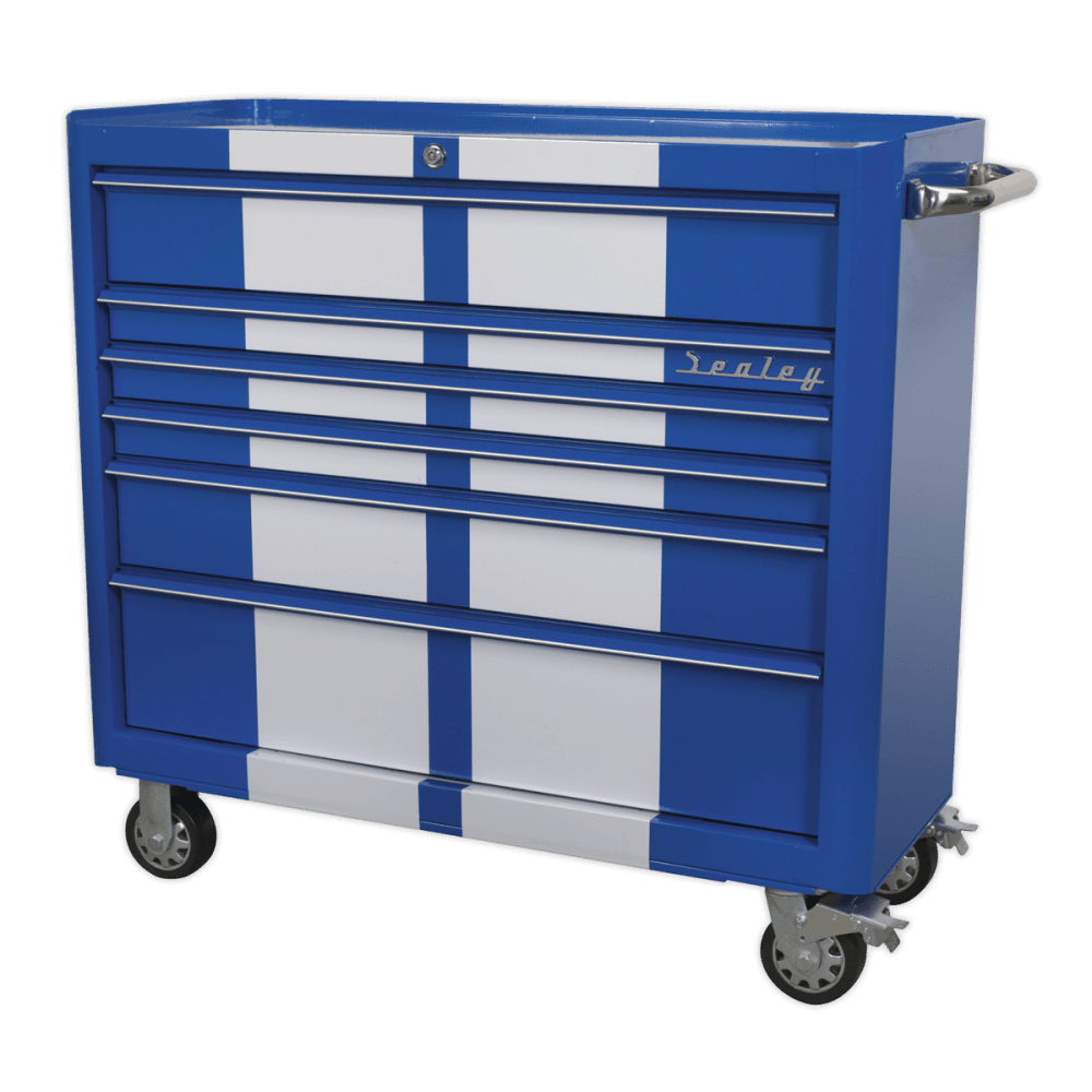 Sealey Rollcab 6 Drawer Wide Retro Style - Blue with White Stripe Model No-20328