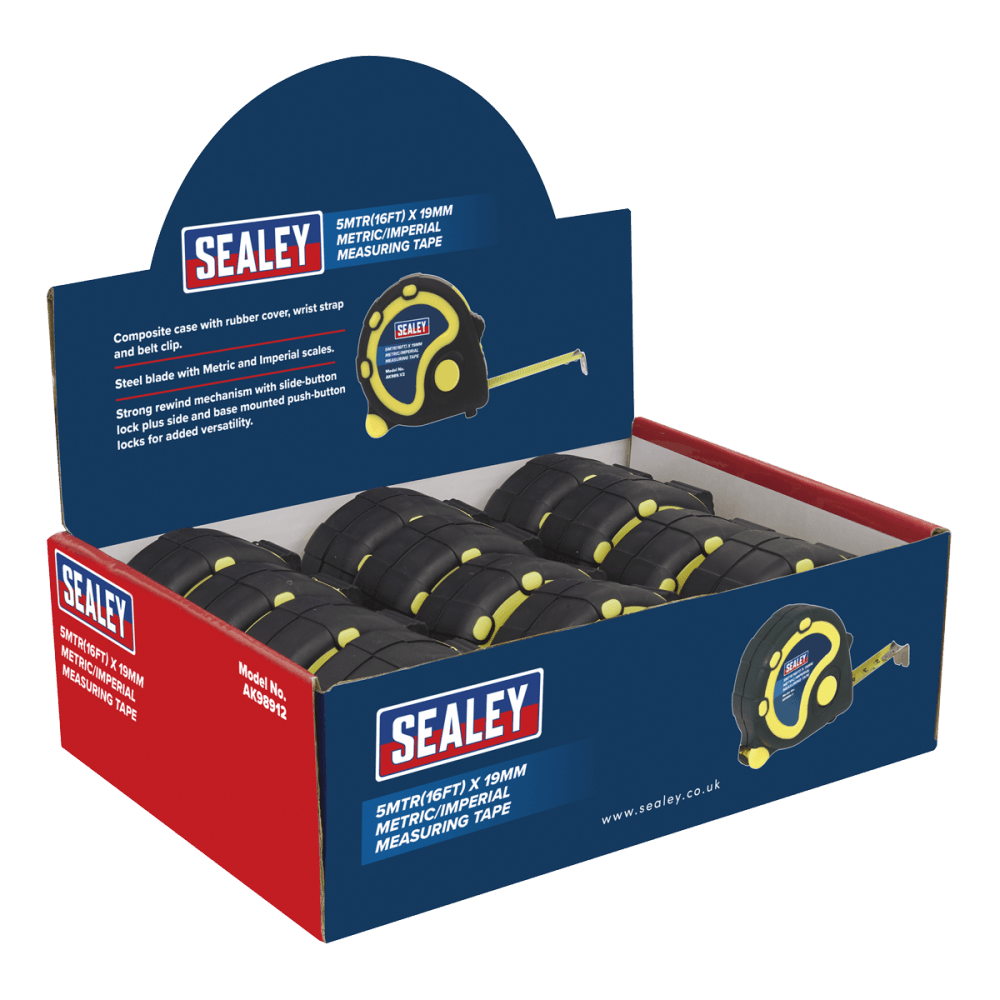 Sealey Rubber Measuring Tape 5mtr(16ft) x 19mm Metric/Imperial Display Box of 12 Model No-AK98912