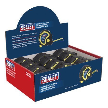 Sealey Rubber Measuring Tape 5mtr(16ft) x 19mm Metric/Imperial Display Box of 12 Model No-AK98912