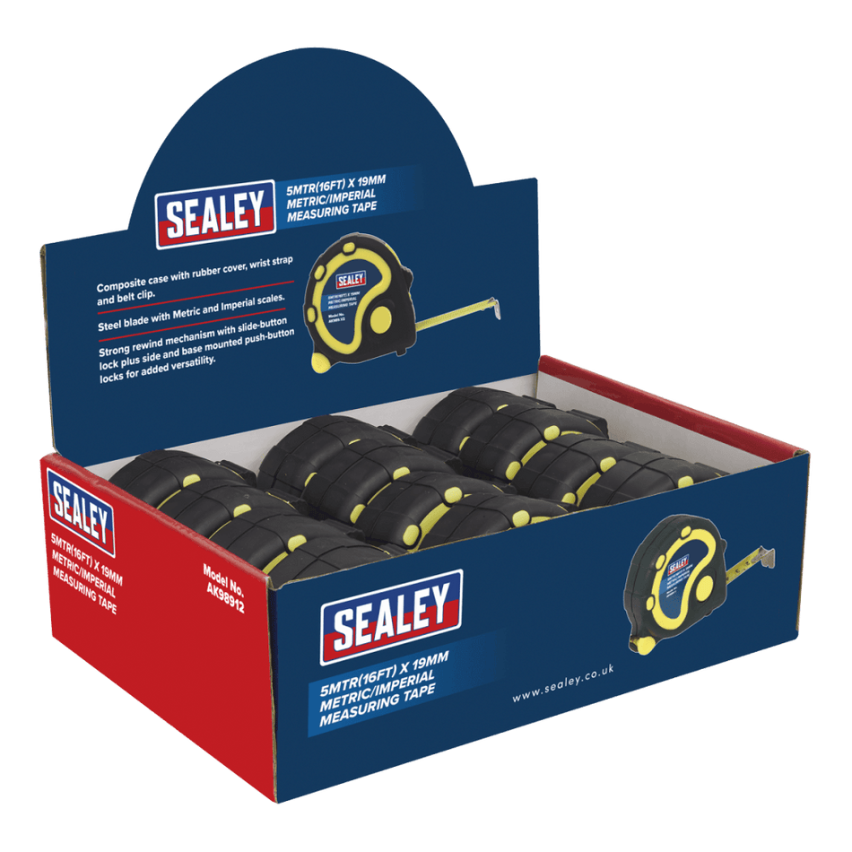 Sealey Rubber Measuring Tape 5mtr(16ft) x 19mm Metric/Imperial Display Box of 12 Model No-AK98912