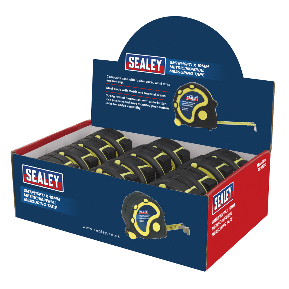 Sealey Rubber Measuring Tape 5mtr(16ft) x 19mm Metric/Imperial Display Box of 12 Model No-AK98912