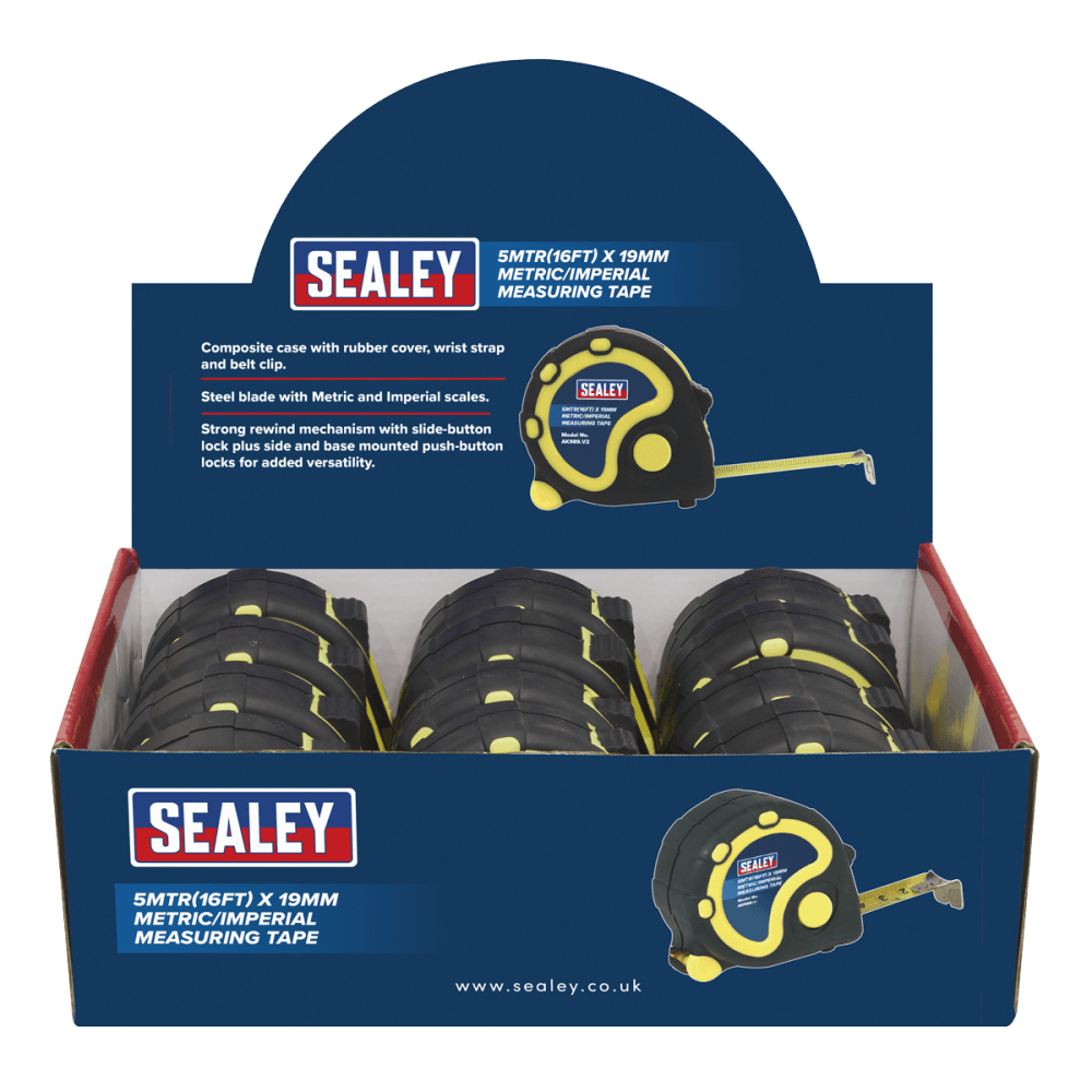 Sealey Rubber Measuring Tape 5mtr(16ft) x 19mm Metric/Imperial Display Box of 12 Model No-AK98912