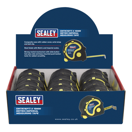 Sealey Rubber Measuring Tape 5mtr(16ft) x 19mm Metric/Imperial Display Box of 12 Model No-AK98912