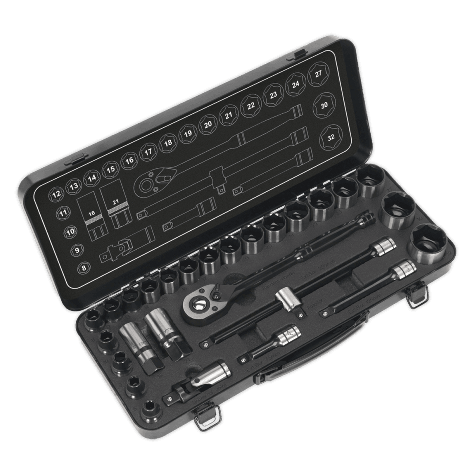 Socket Set 28pc 1/2"Sq Drive 6pt WallDriveÂ¶© - Metric Black Series : Model No.AK7972
